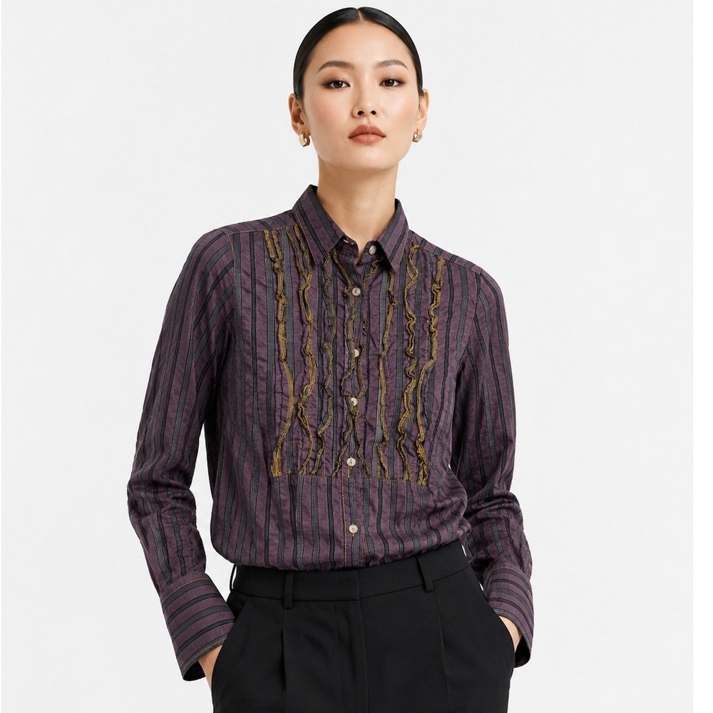 7 For All Mankind Womens Purple Striped Ruffle Front Button Down Blouse Size M